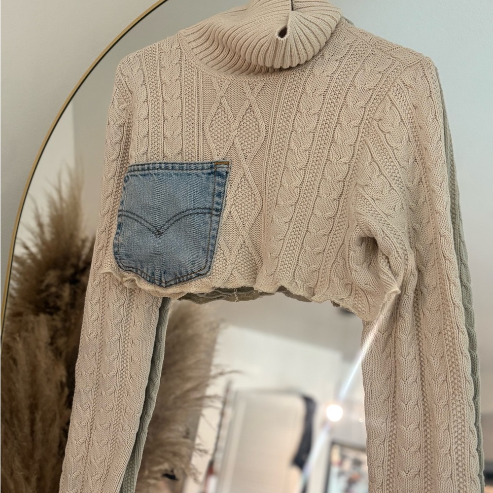 Cable Knit Cream Sweater with Denim Pocket. And skirt set